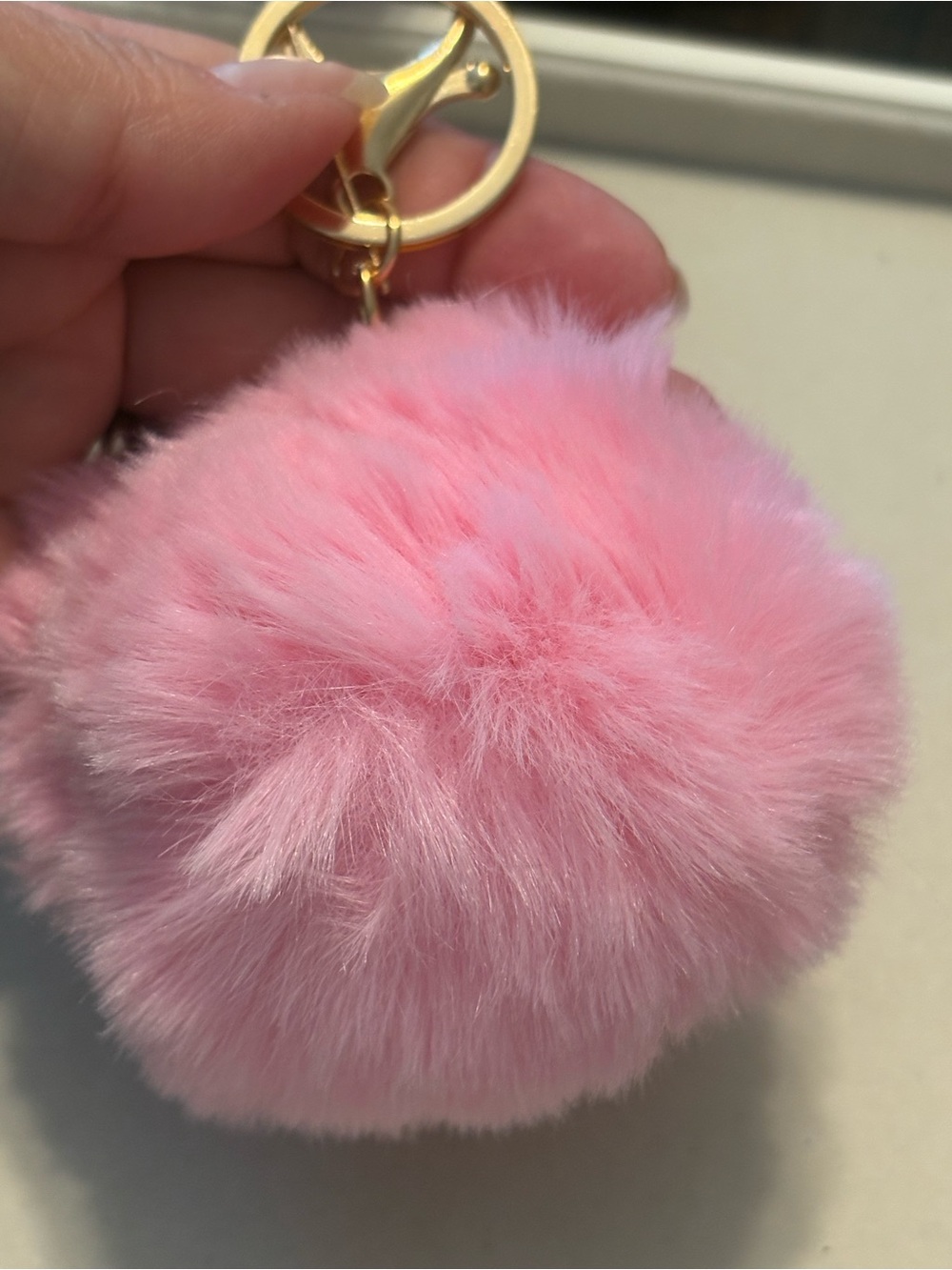 Pink Faux Fur Pom Keychain with Gold Hardware